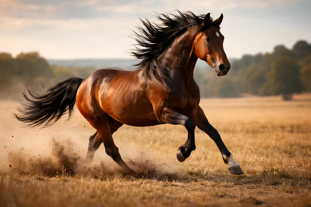Kraftvolles Pferd im Galopp durch weite Wiesenfläche