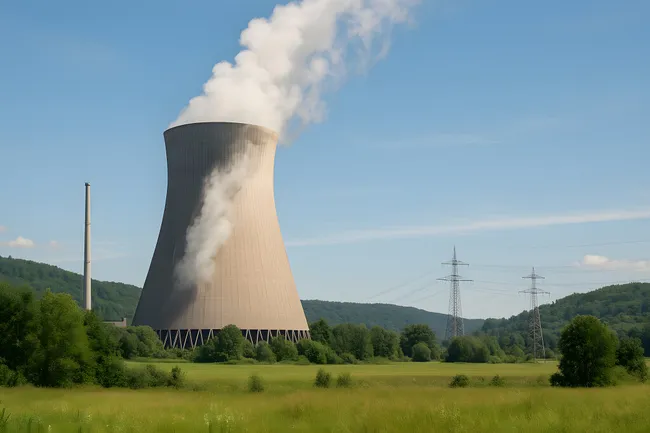 Kraftwerk mit dampfendem Kühlturm in idyllischer Landschaft