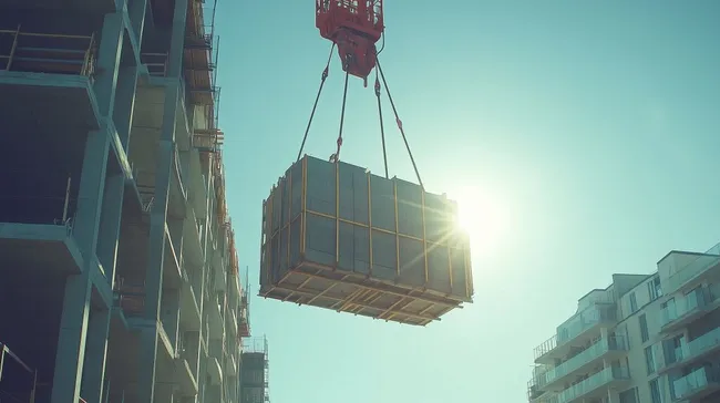 Kran hebt Baumaterial in Sonnenuntergang über Stadtkulisse