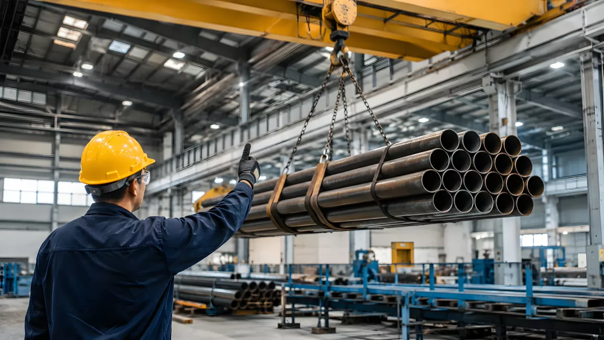 Kranführer dirigiert Stahlrohrbündel in Industriehalle