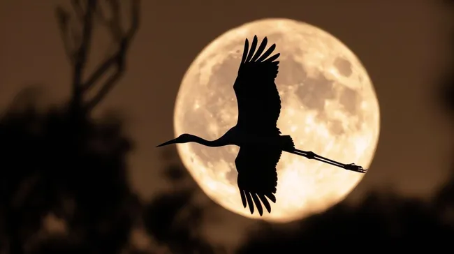 Kranich vor Vollmond - dramatische Silhouette in der Nacht