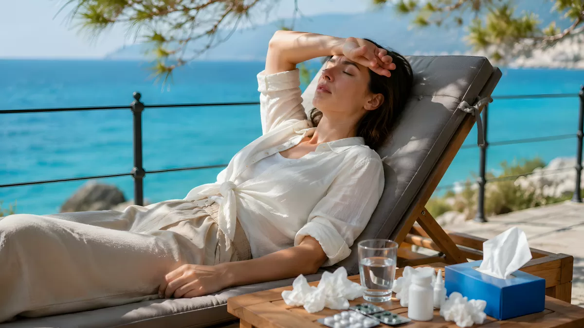 Kranke Frau erholt sich auf Liegestuhl am Meer