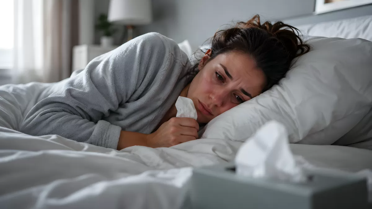 Kranke Frau liegt erschöpft im Bett mit Taschentuch