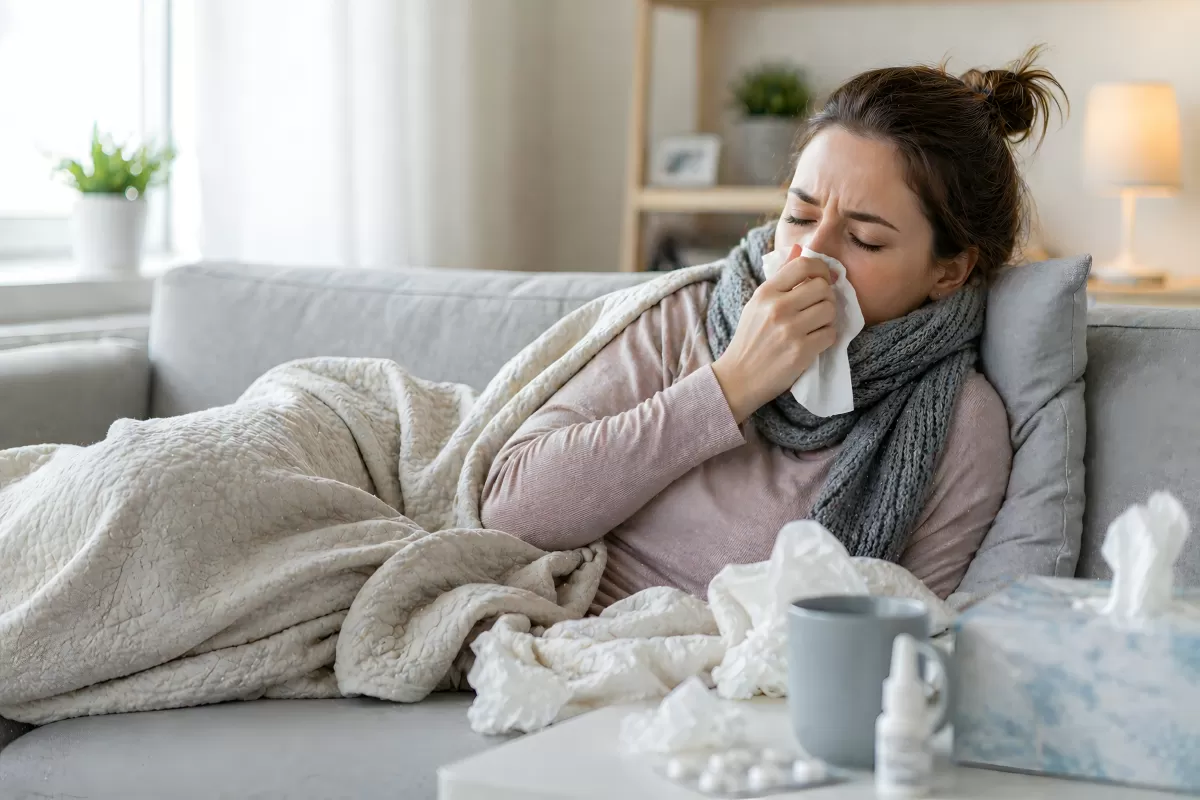 Kranke Frau mit Erkältung liegt auf dem Sofa