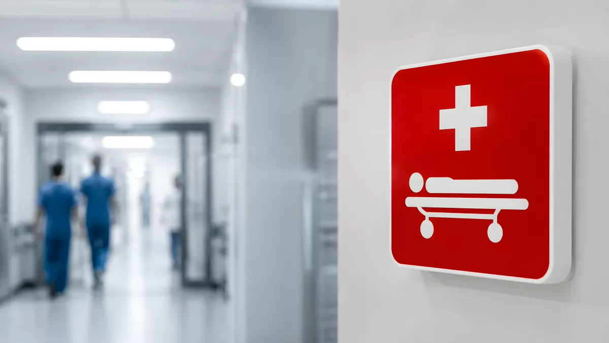 Krankenhausflur mit Notaufnahme-Schild an der Wand