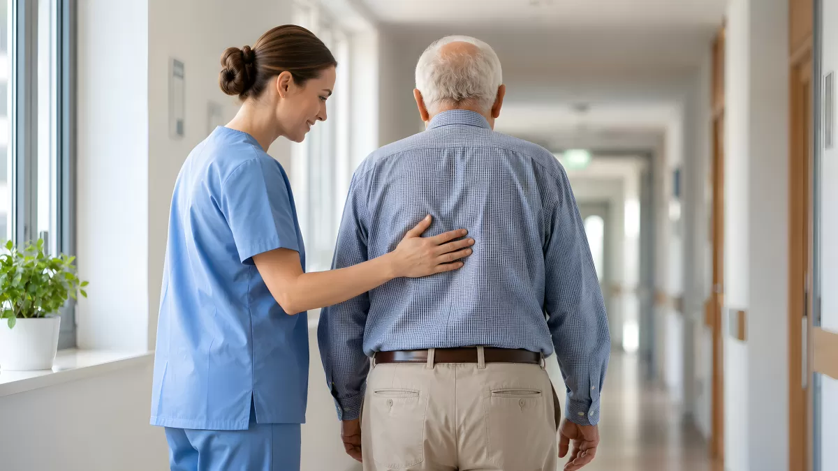 Krankenschwester begleitet älteren Patienten im Flur