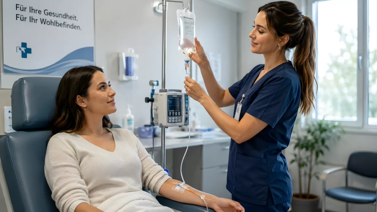 Krankenschwester bereitet Infusion für Patientin vor