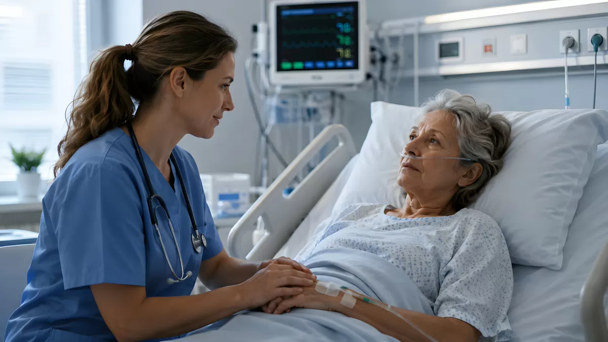 Krankenschwester hält Hand einer älteren Patientin im Krankenhaus