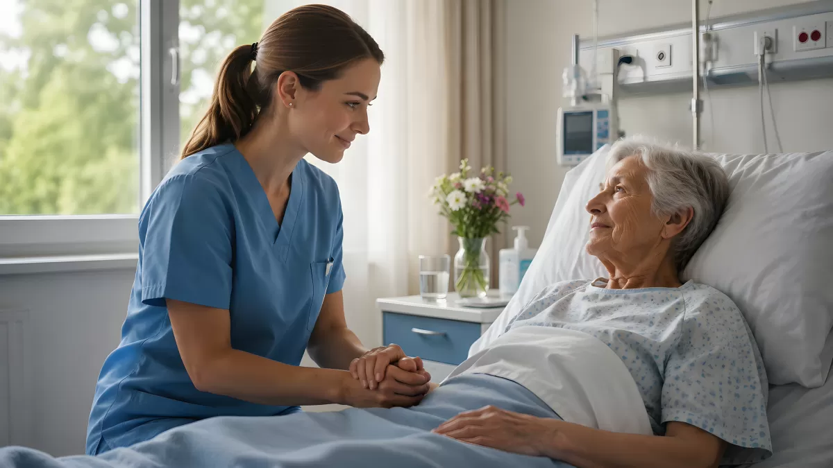 Krankenschwester hält Hand einer älteren Patientin