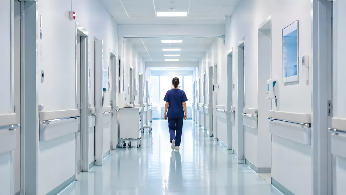 Krankenschwester läuft durch hellen Krankenhausflur