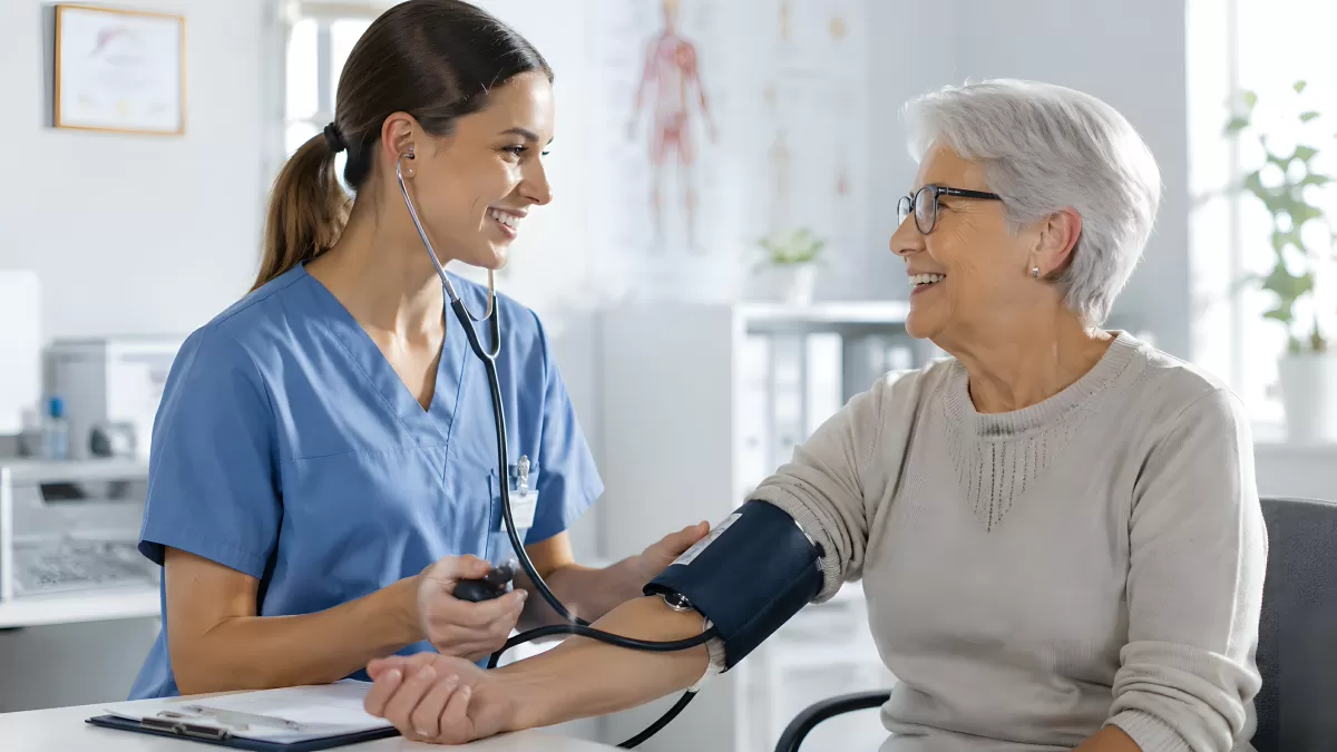 Krankenschwester misst Blutdruck bei älterer Patientin