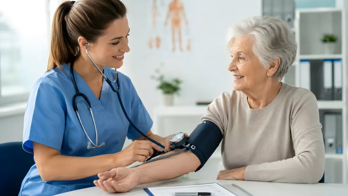 Krankenschwester misst Blutdruck bei Seniorin