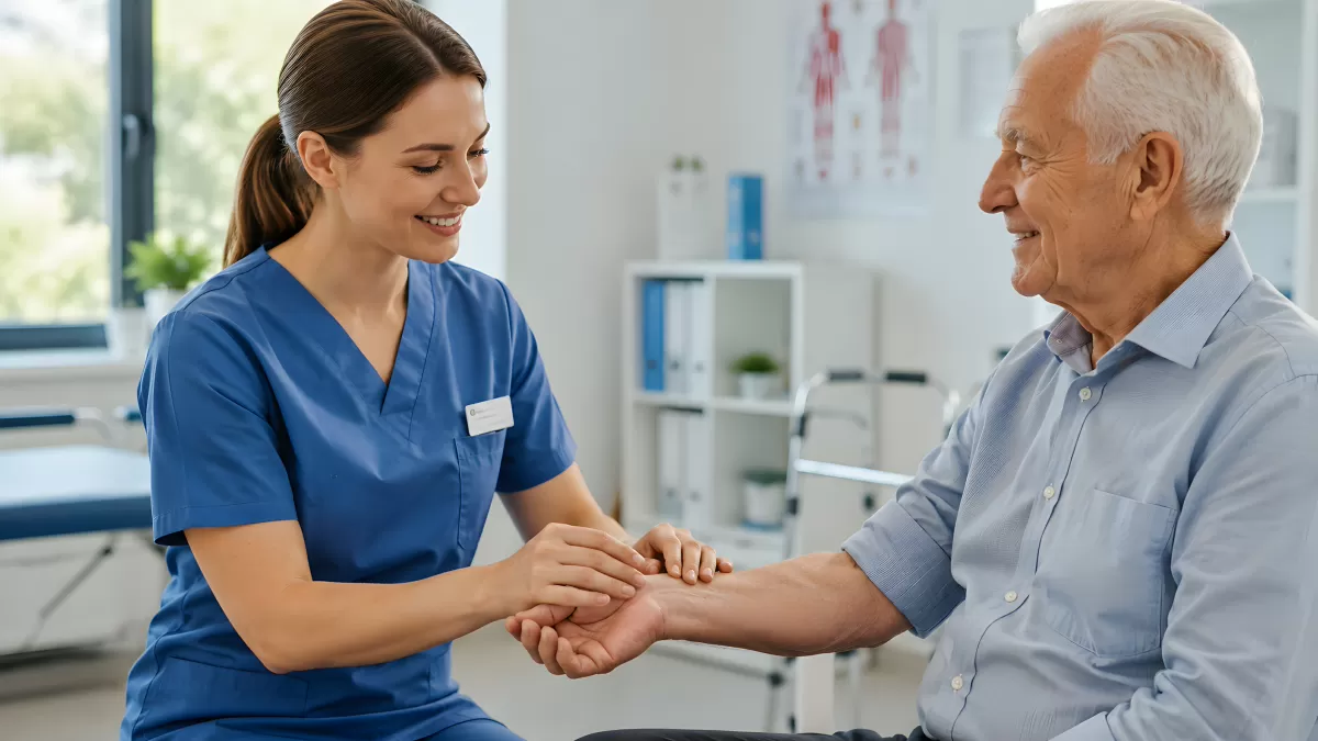 Krankenschwester prüft Puls eines älteren Patienten
