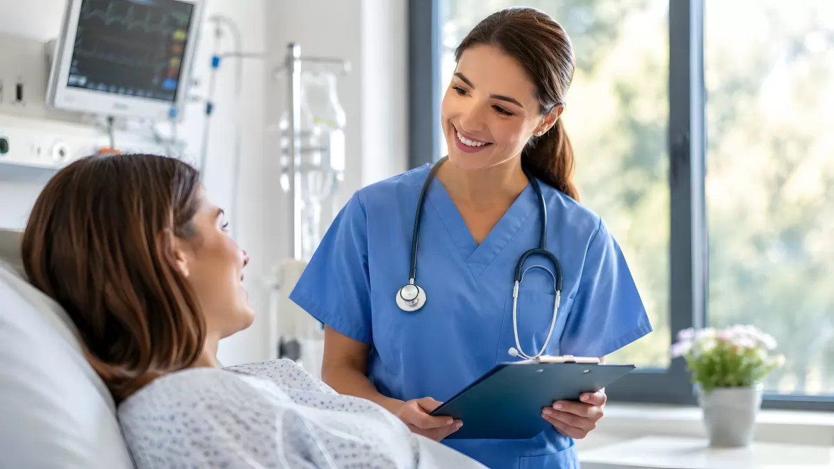 Krankenschwester spricht mit Patientin im Krankenhaus