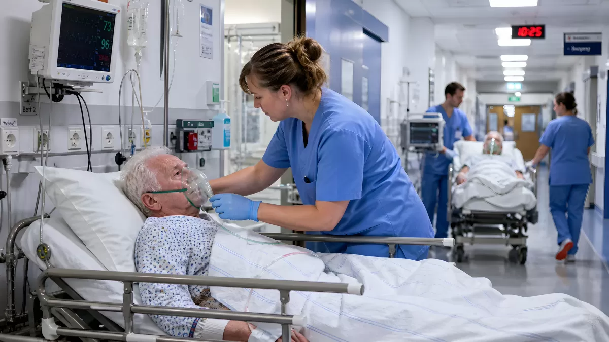 Krankenschwester versorgt älteren Patienten im Krankenhaus