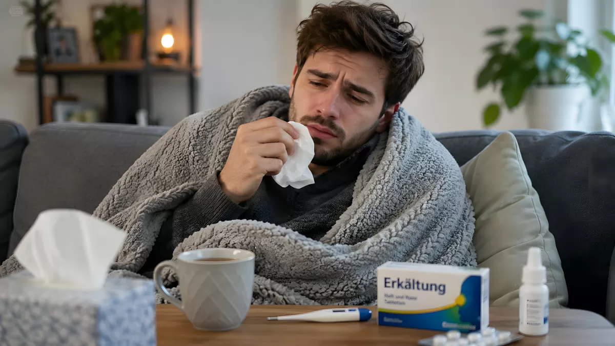 Kranker Mann mit Erkältung auf dem Sofa zuhause