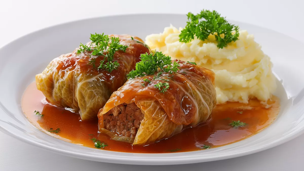 Krautwickel mit Hackfleisch und Kartoffelpüree