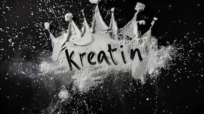 Kreatin-Pulver in Krone auf dunklem Hintergrund