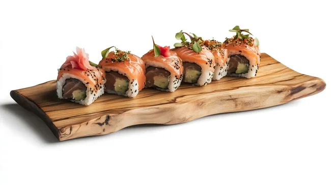 Kreativ angerichtete Lachs-Makis auf rustikaler Holzplatte