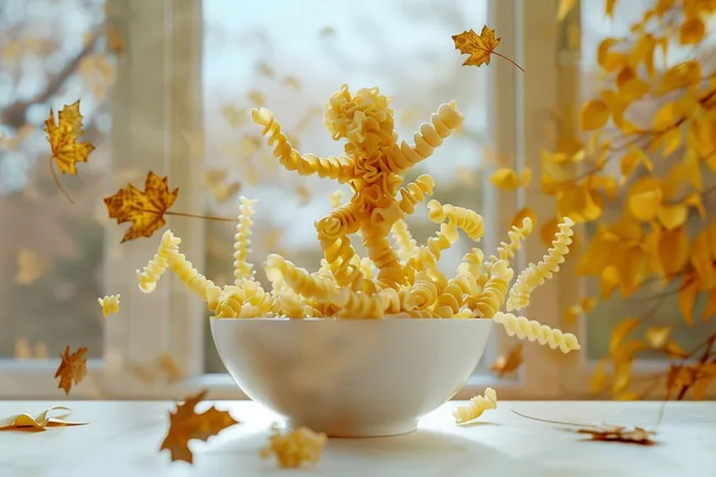 Kreativ arrangierte Pastaskulptur in leichter Schüssel