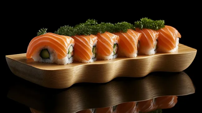 Kreativ arrangierte Sushi-Rollen auf Bambusplatte