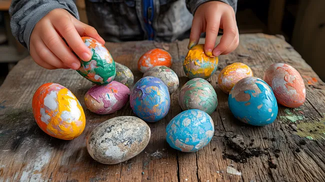 Kreativ bemalte Ostereier auf Holztisch
