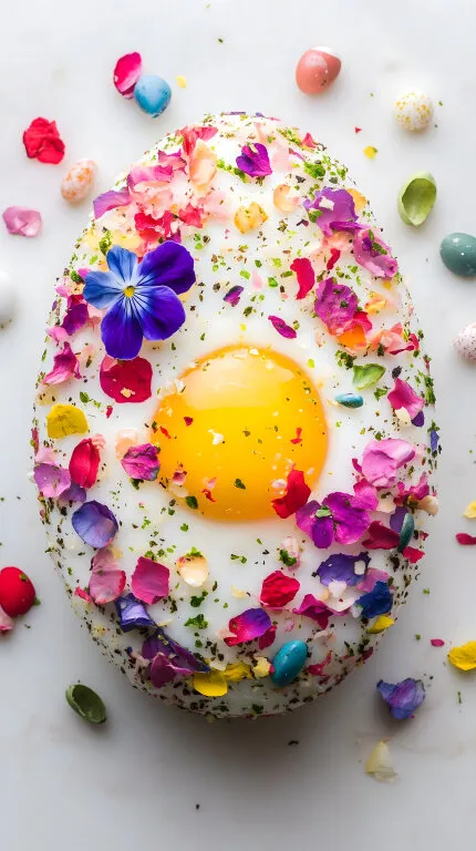 Kreativ dekoriertes Osterei mit Blüten und Kräutern