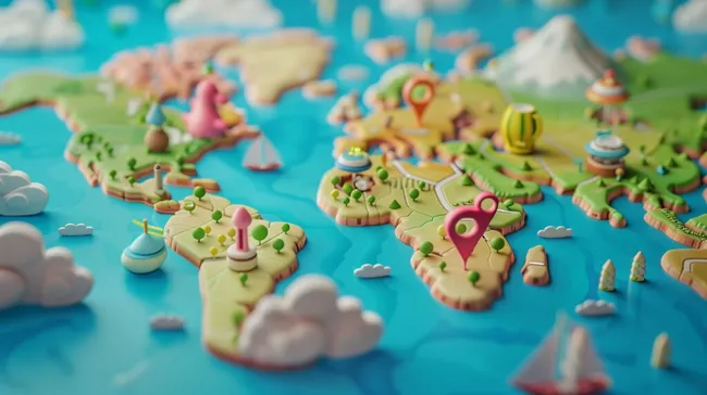 Kreativ gestaltete 3D-Weltkarte mit Reisesymbolen