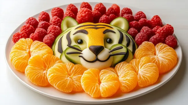 Kreativ gestaltetes Fruchttablett mit Tigermotiv