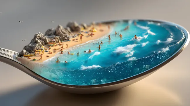 Kreative 3D-Illustration eines Miniatur-Strands mit Badenden