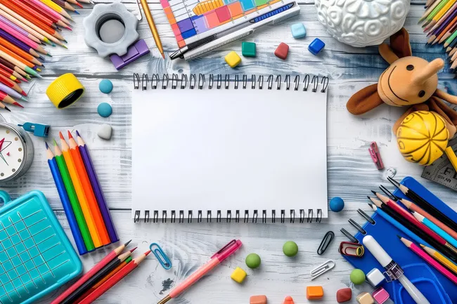 Kreative Arbeitsoberfläche mit Schulmaterial