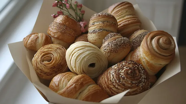 Kreative Bäckerei-Collage mit frischen Croissants und Brötchen