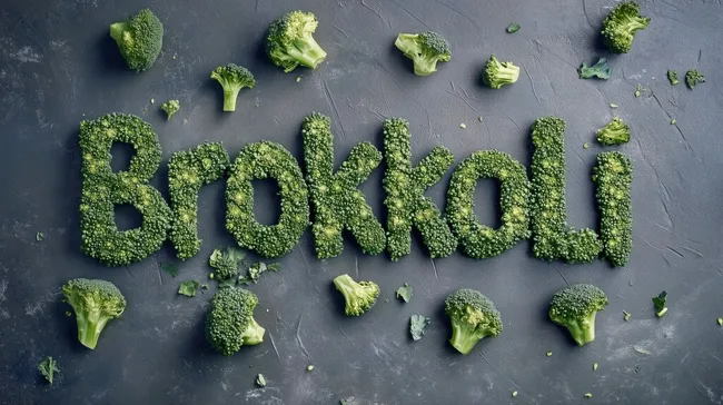 Kreative Brokkoli-Schrift auf dunklem Hintergrund