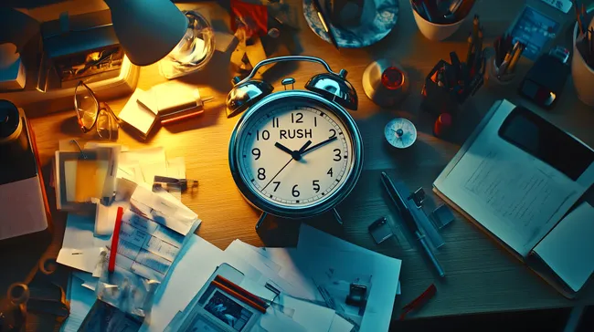 Kreative Büroatmosphäre mit Zeitdruck und Wecker