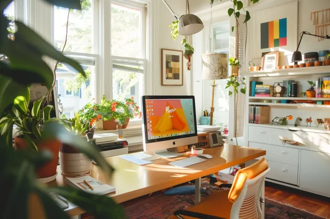 Kreative Büroeinrichtung mit Pflanzen und Dekoration