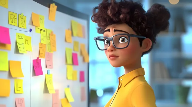 Kreative Bürogestaltung: Moderne Unternehmerin am Ideenboard