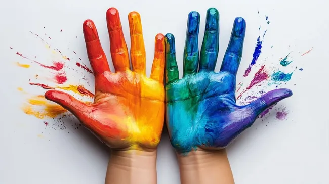 Kreative, bunte Hände auf weißem Hintergrund