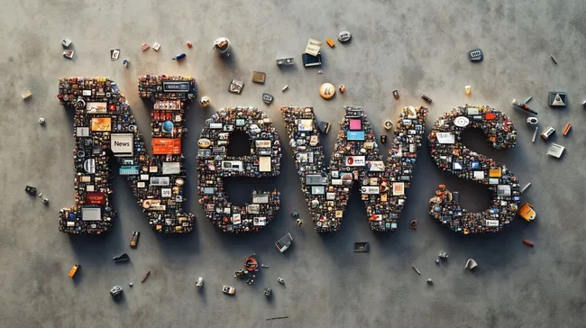 Kreative Collage aus Büromaterial als Wort 'News'