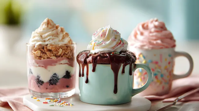 Kreative Dessertbecher mit Schokoladentopping und bunter Creme