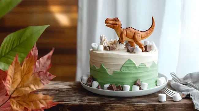 Kreative Dinosaurier-Geburtstagstorte auf Holztisch