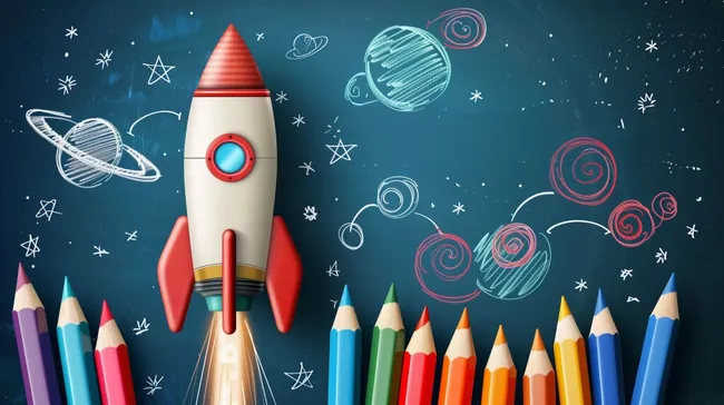 Kreative Einschulung: Bunte Stifte und Rakete vor Sternenhimmel