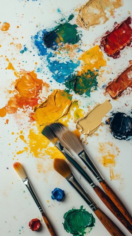 Kreative Farbpalette mit Pinsel und Ölfarben