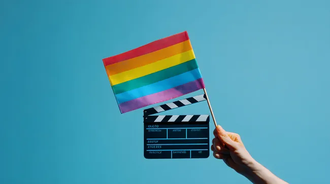 Kreative Filmklappe mit Regenbogenfahne für LGBT-Vielfalt