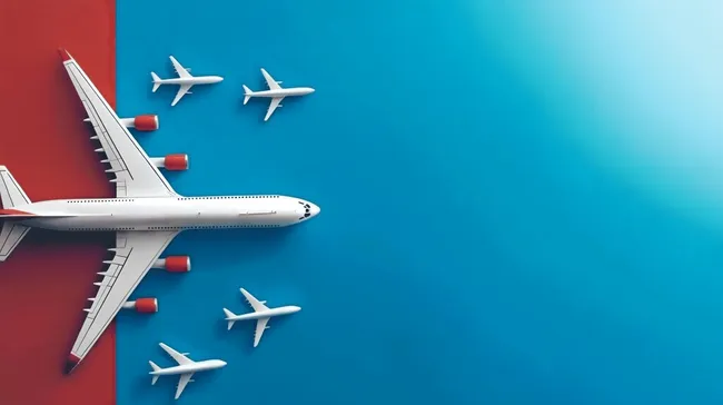 Kreative Flugzeugkomposition in Rot und Blau