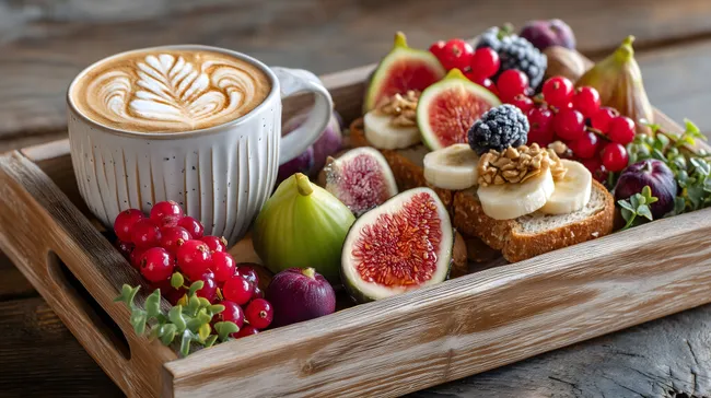 Kreative Frühstücksidee mit Kaffee, Früchten und Nüssen