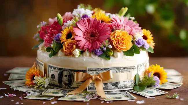 Kreative Geldtorte mit bunten Blumen dekoriert