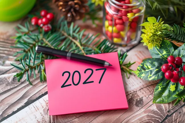 Kreative Gestaltung des neuen Jahres 2027 mit Tannenzweigen und Beeren