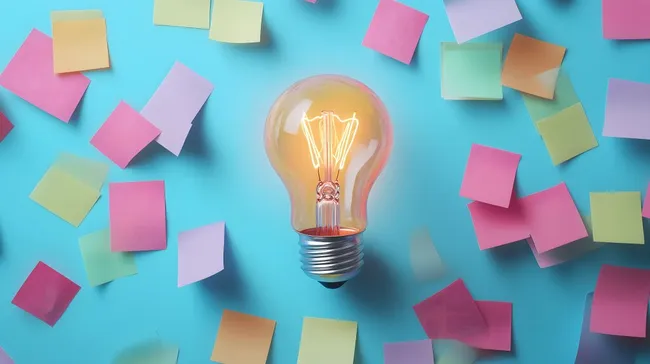 Kreative Glühbirne umgeben von Haftnotizen als Ideenfindungskonzept