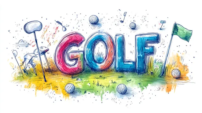 Kreative Golfgrafik mit Schlägern, Fahne und Rasen
