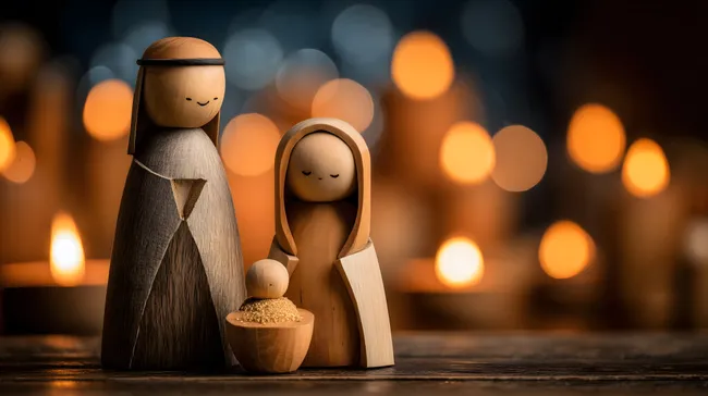 Kreative Holzkrippe mit Heiliger Familie bei Kerzenschein